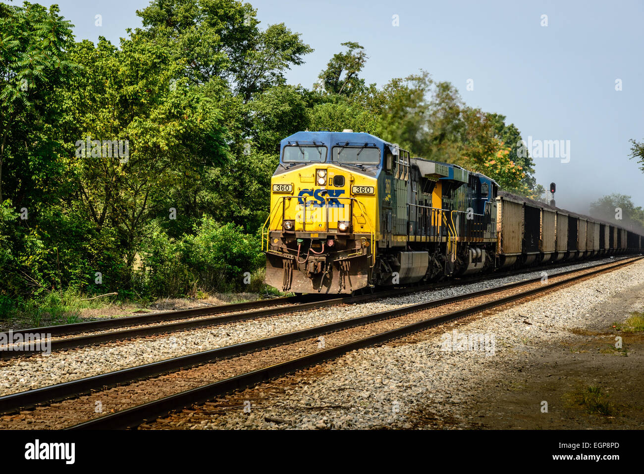 CSX AC44CW n. 360 come piombo sul carbone trascinare treno merci, Shenandoah Junction, West Virginia Foto Stock