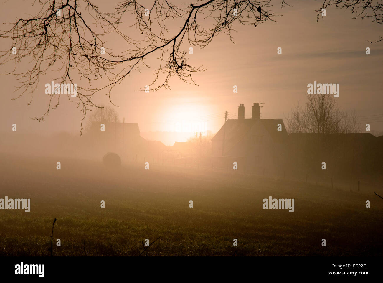 Alba - Rising Sun avvolto dalla nebbia - fabbricati agricoli in sagoma scura contro un arancione cielo oscurata - La promessa di un giorno di estate Foto Stock