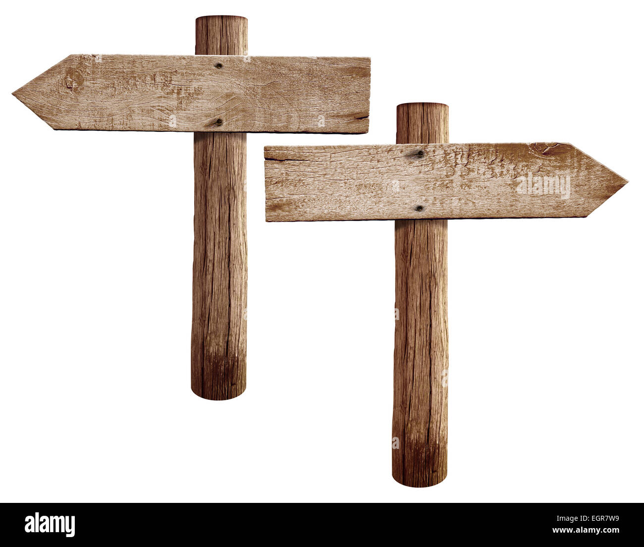 In legno antico segnaletica stradale le frecce destra e sinistra isolato Foto Stock