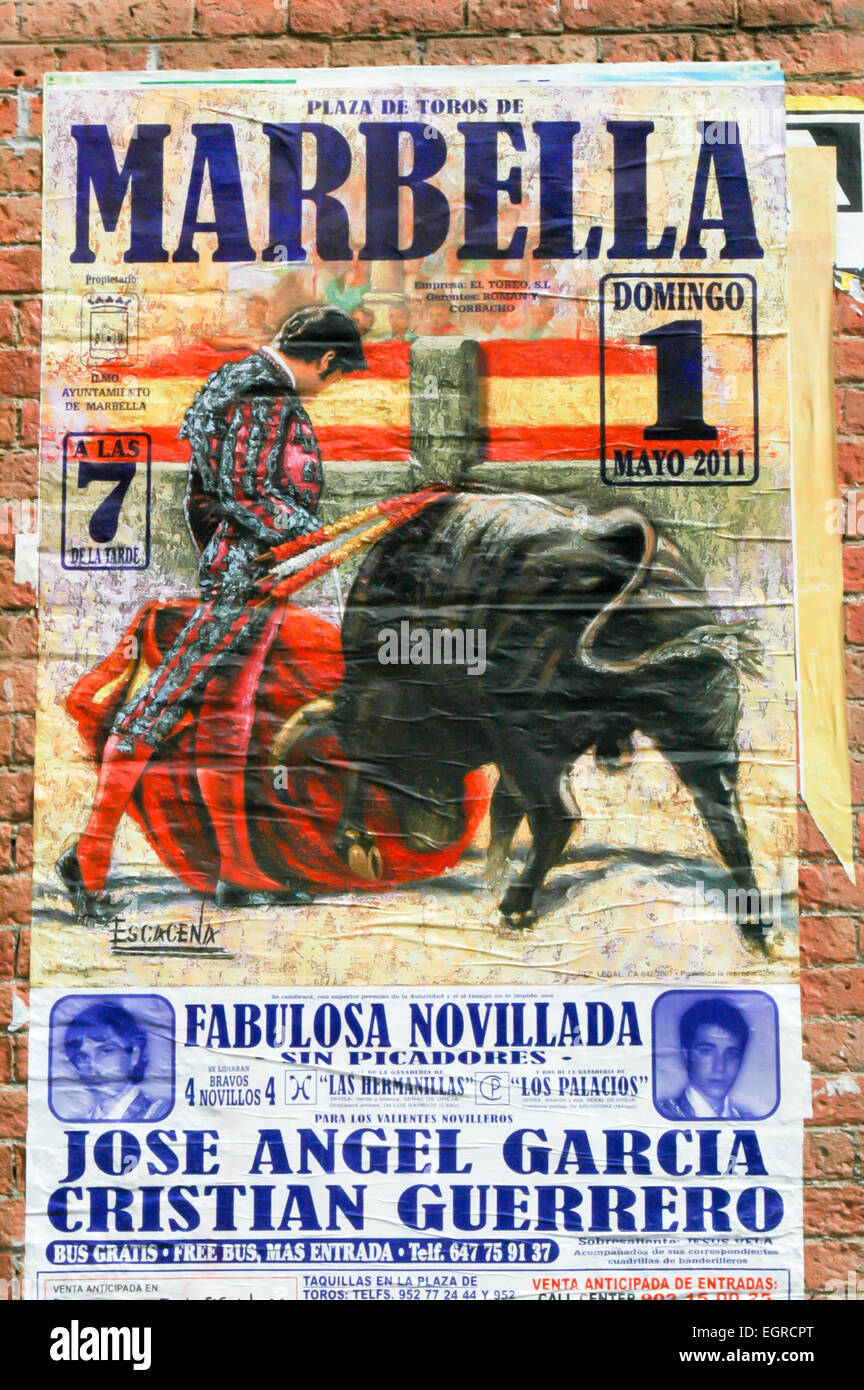 La corrida poster sulla parete, pubblicità una corrida in Marbella, Plaza de Toros, Malaga, Spagna Foto Stock