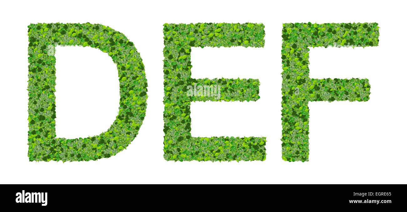 D E F alfabeto lettere fatte da foglie verdi isolati su sfondo bianco. Foto Stock D E F alfabeto lettere fatte da foglie verdi isolati su sfondo bianco. Foto Stock