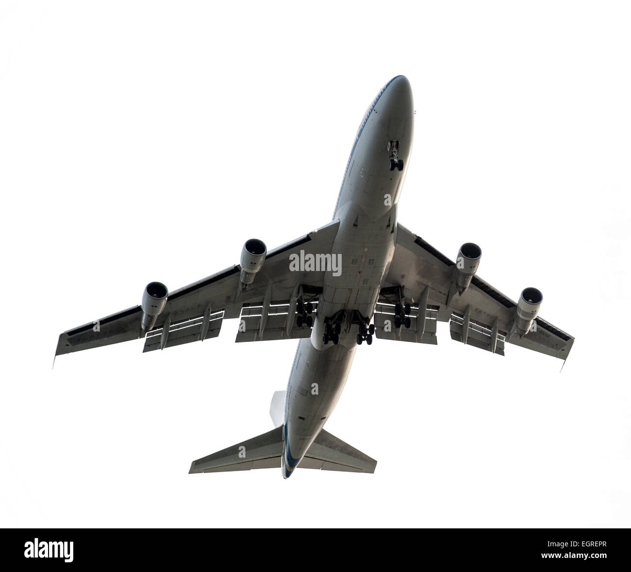 I jumbo jet da sotto su sfondo bianco Foto Stock