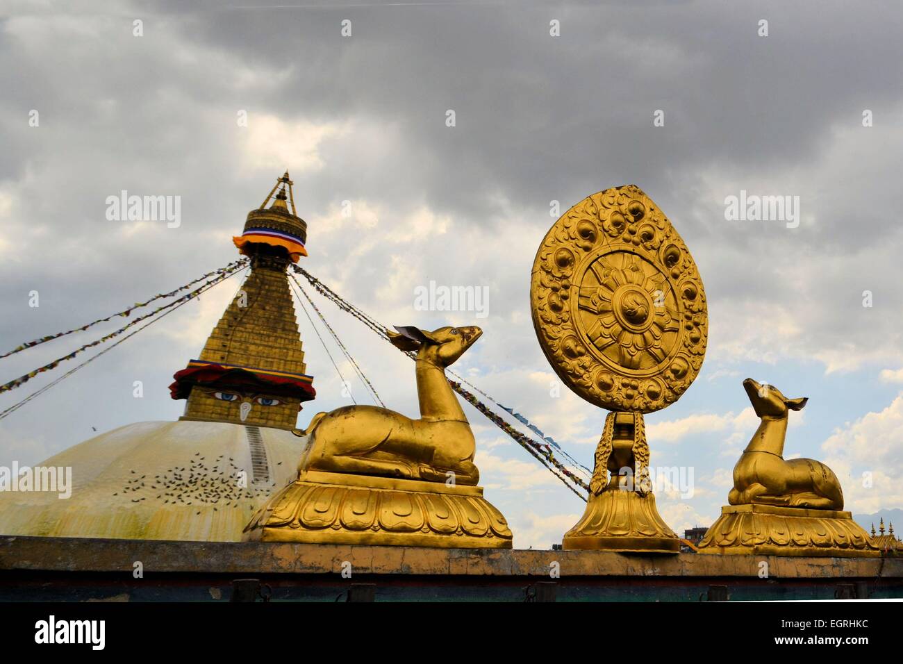 Ruota buddista della vita con Stupa Boudhanath Foto Stock