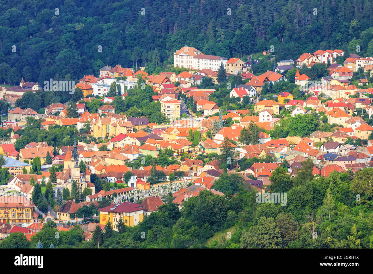 Vista aerea della Città Vecchia, Brasov, Transilvania, Romania Foto Stock