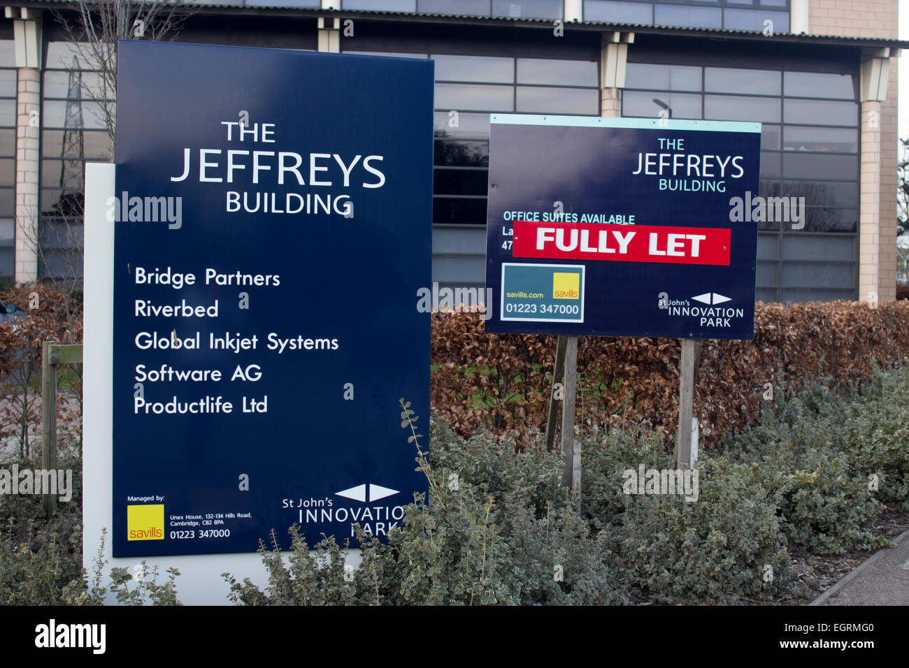 Il Jeffreys Edificio Ingresso segno completamente lasciate presso il St John's Innovation Centre di Cambridge Foto Stock