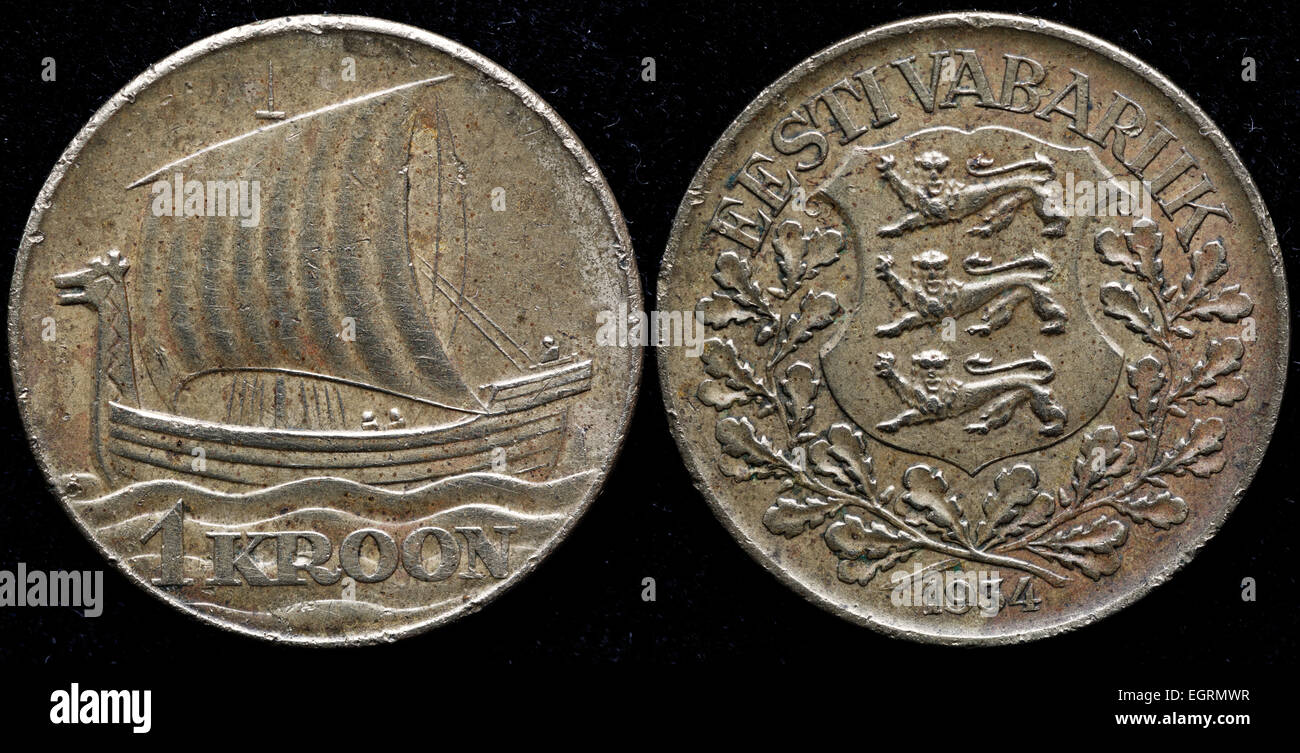 1 kroon coin, Viking Ship, Estonia, 1934 Foto Stock