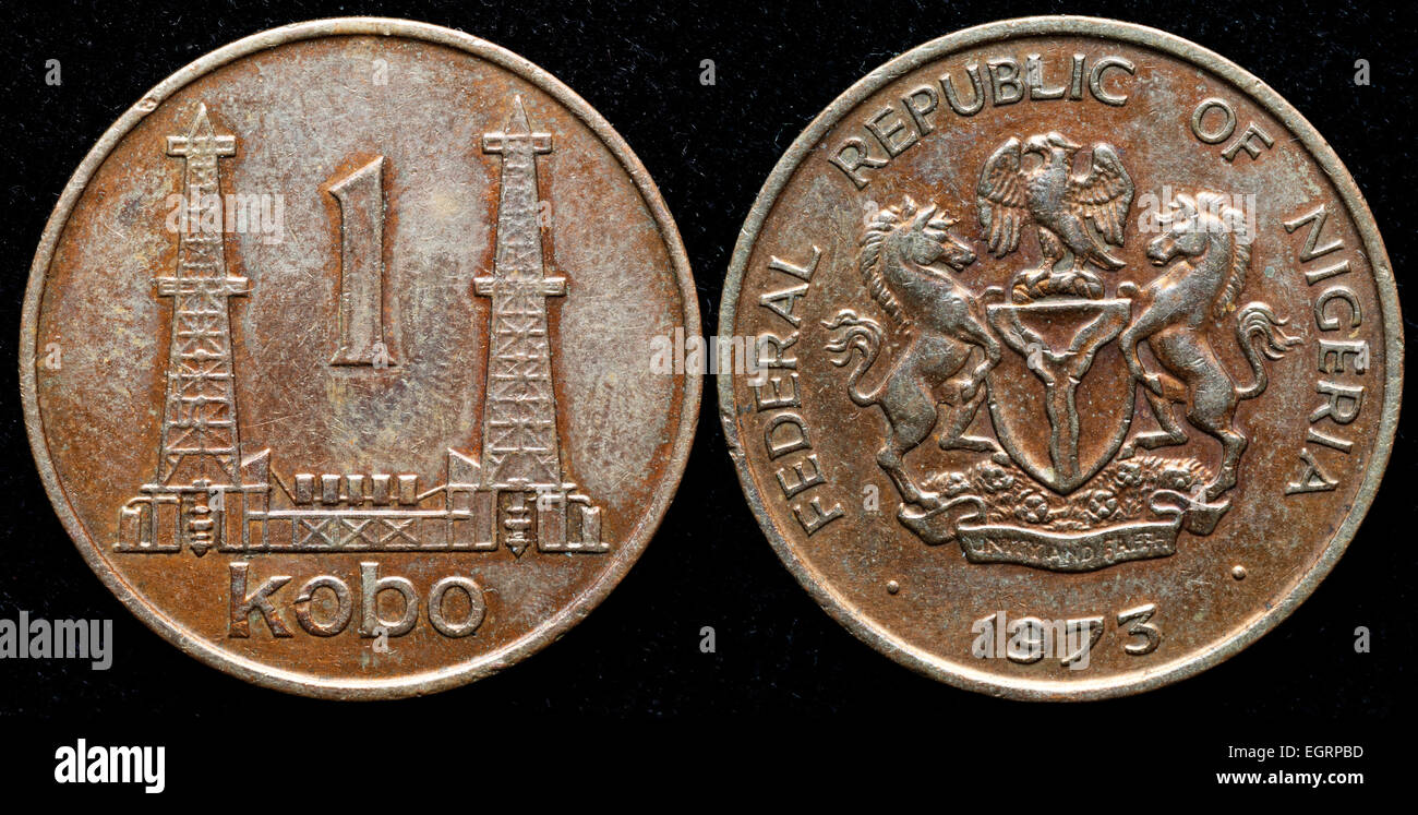 1 kobo coin, olio derrick, Nigeria, 1975 Foto Stock
