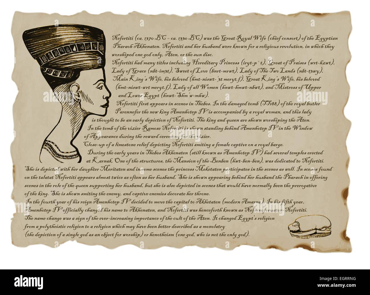 Una mano Illustrazione disegnata con una descrizione di Nefertiti regina d'Egitto Illustrazione Vettoriale