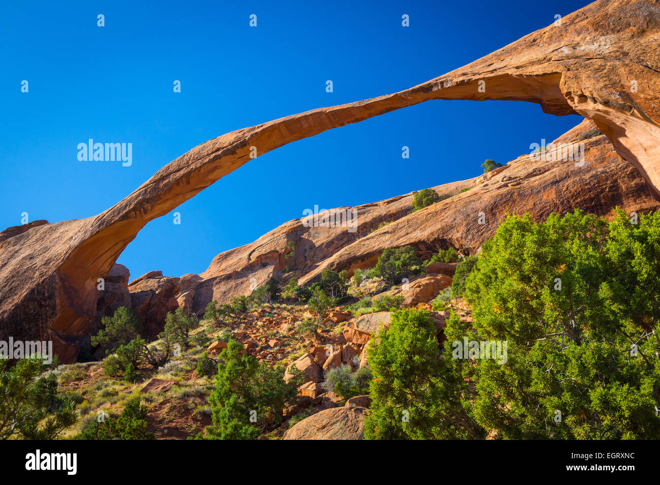 Landscape Arch nel Parco Nazionale Arches, un US National Park in Eastern Utah. Foto Stock