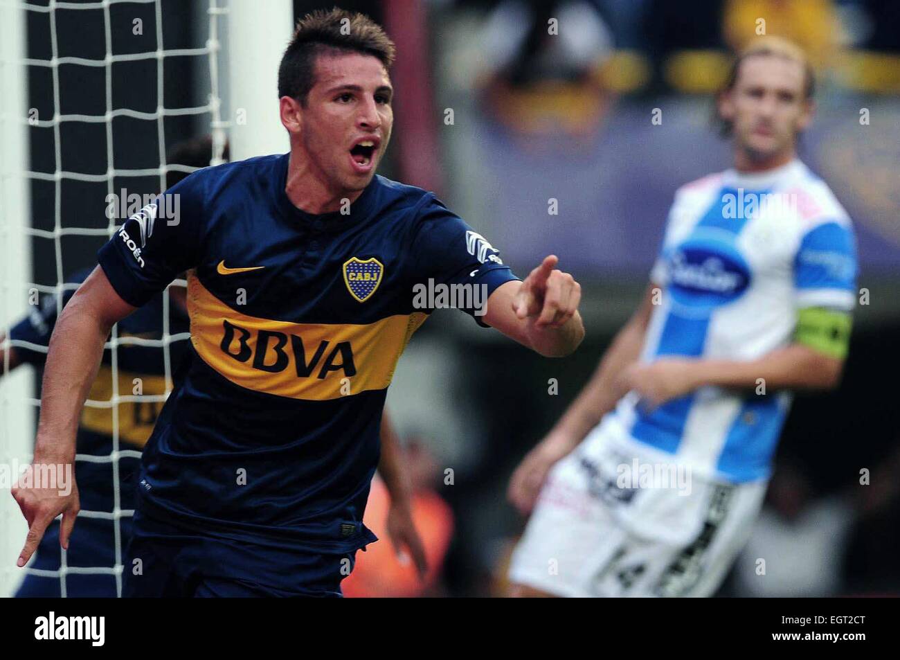 Buenos Aires, Argentina. 1 Mar, 2015. Boca Junior la Jonathan Calleri celebra durante un match con Atletico de Rafaela all'Alberto J. Armando Stadium di Buenos Aires, Argentina, il 1 marzo 2015. © Julian Alvarez/TELAM/Xinhua/Alamy Live News Foto Stock