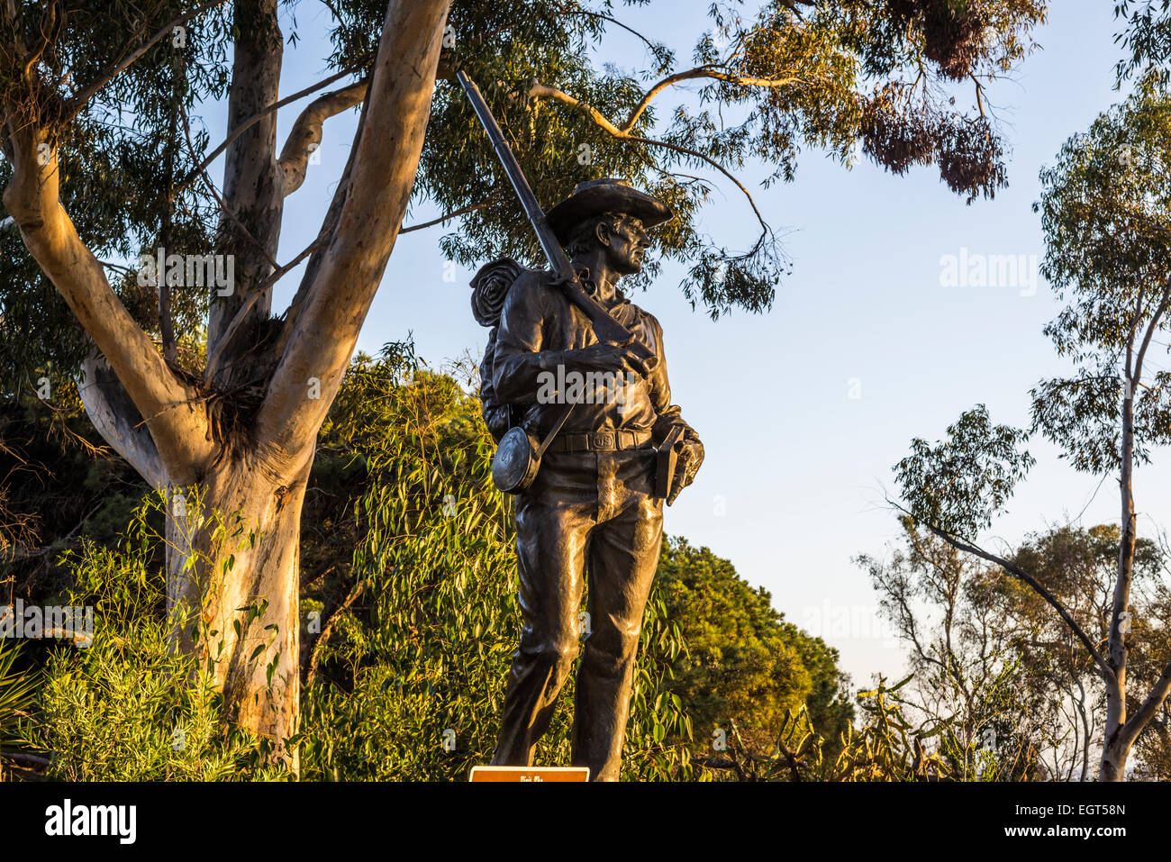 Il Mormon Pioneer statua (da Edward Fraughton). Presidio Park, San Diego, California, Stati Uniti. Foto Stock