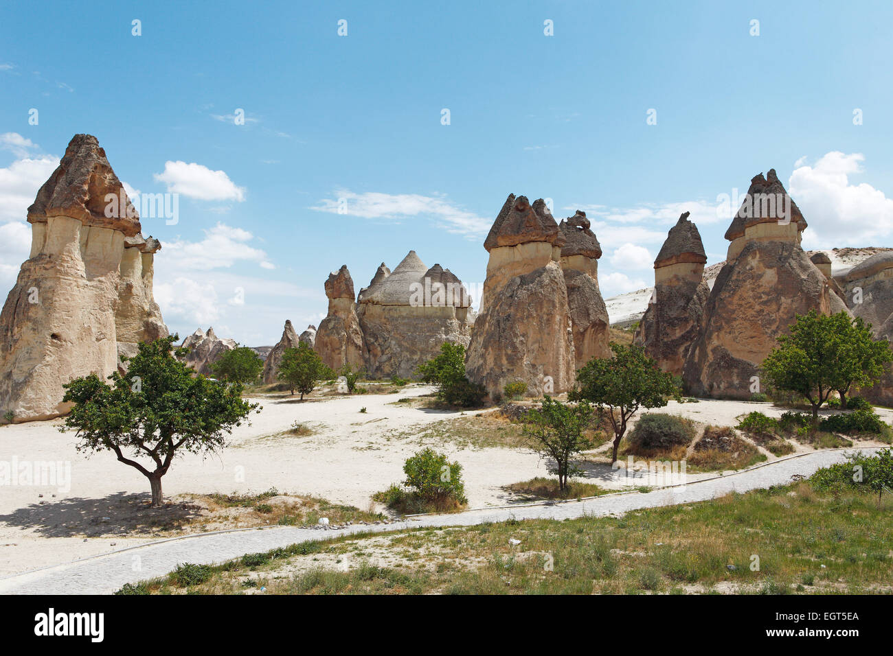 Formazioni di tufo nella valle di Pasabagi o monaci Valley, Goreme National Park, Nevsehir Provincia, Cappadocia, Anatolia, Turchia Foto Stock