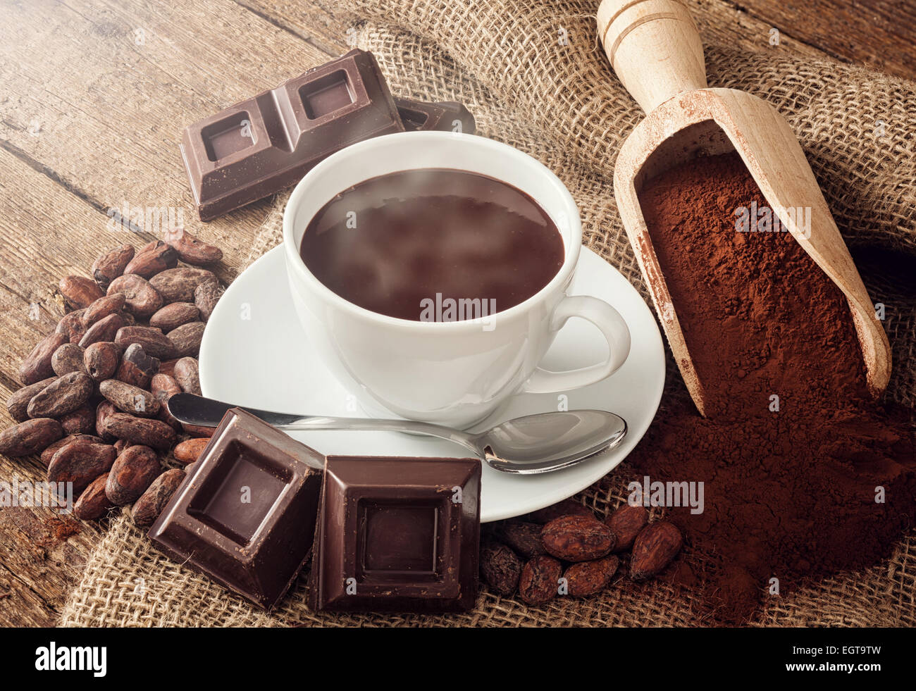 Tazza di cioccolata calda con cacao in polvere, le fave di cacao e pezzi di  cioccolato Foto stock - Alamy