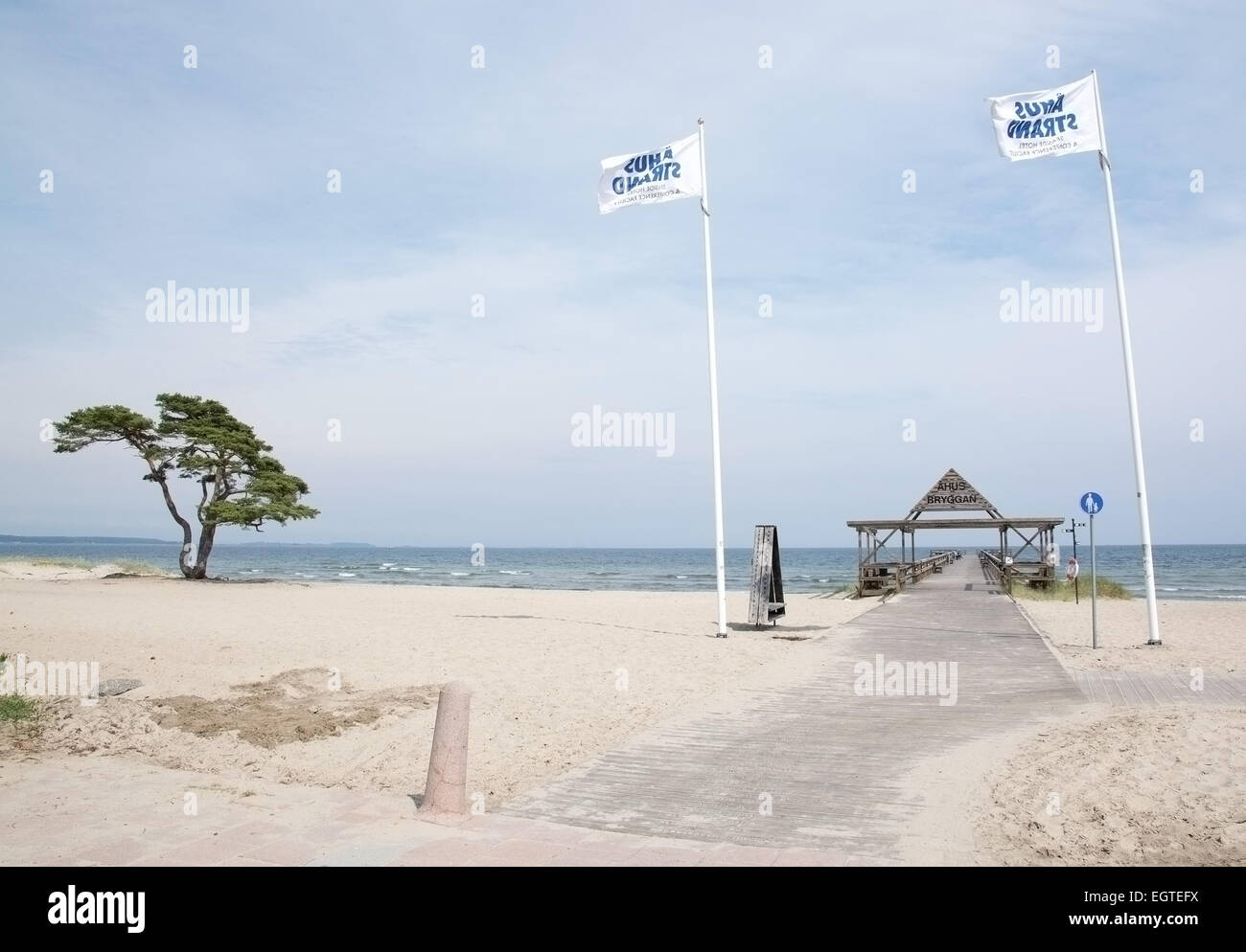Ahu, sud della Svezia - Giugno 28, 2014: Ahus beach con bandiere e Pier, il 28 giugno 2014 in Ahus, nel sud della Svezia. Foto Stock