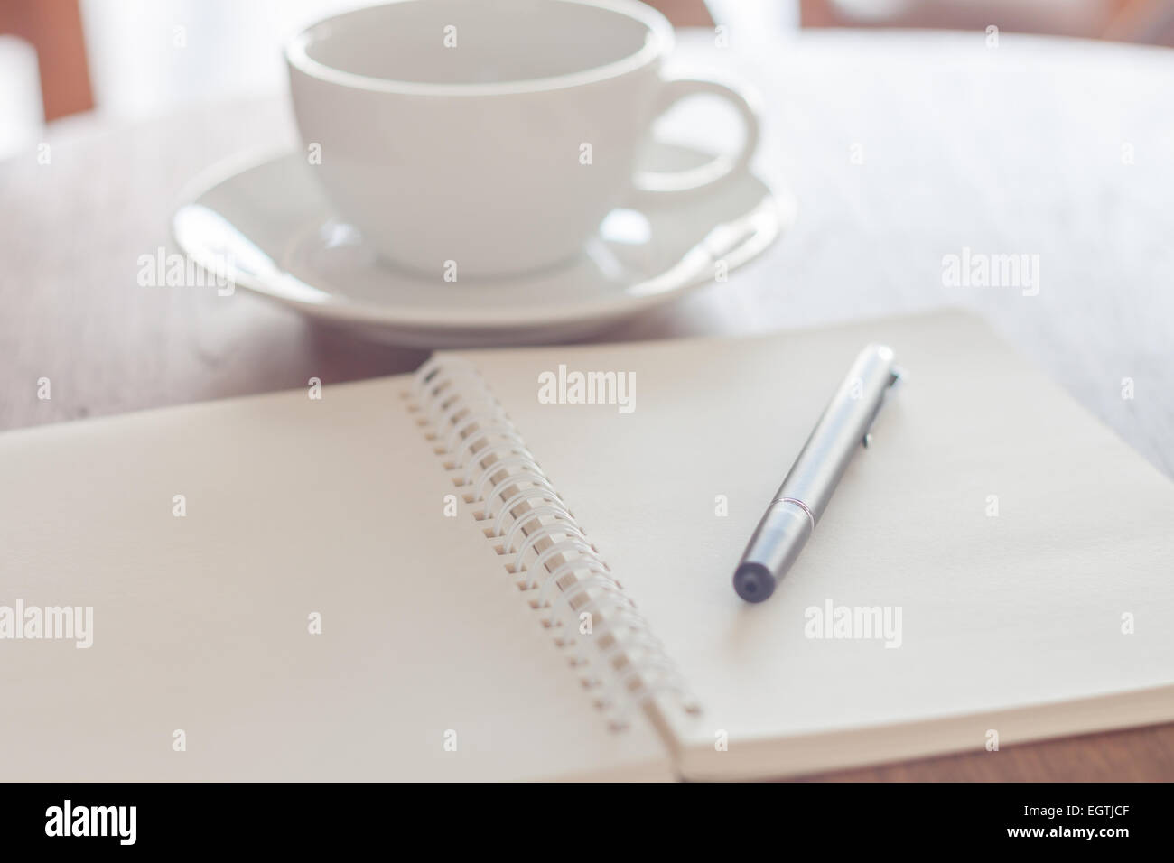 Notebook vuota con la penna sul tavolo di legno, stock photo Foto Stock