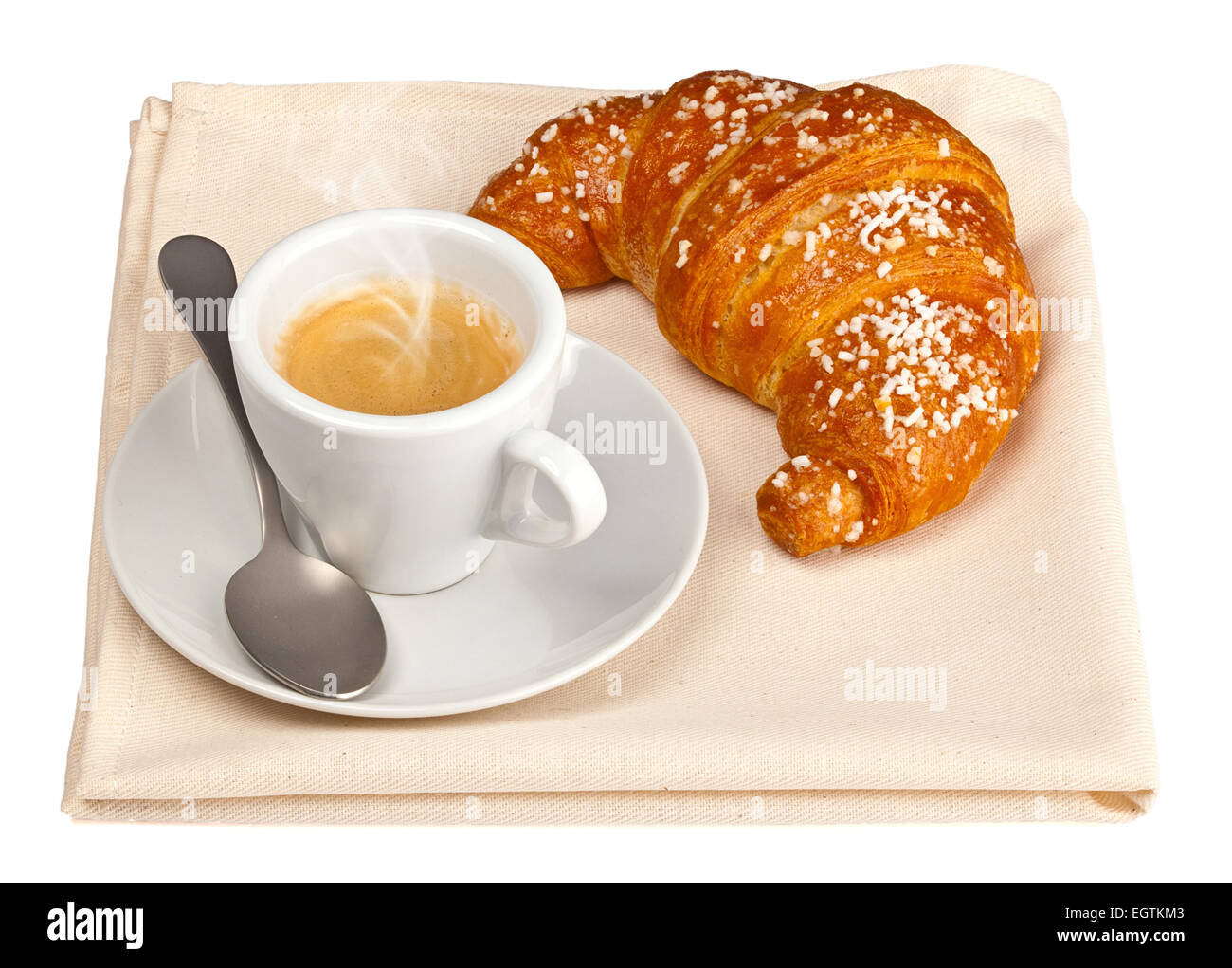 Caffè espresso caffè con croissant sul tovagliolo beige. Foto Stock