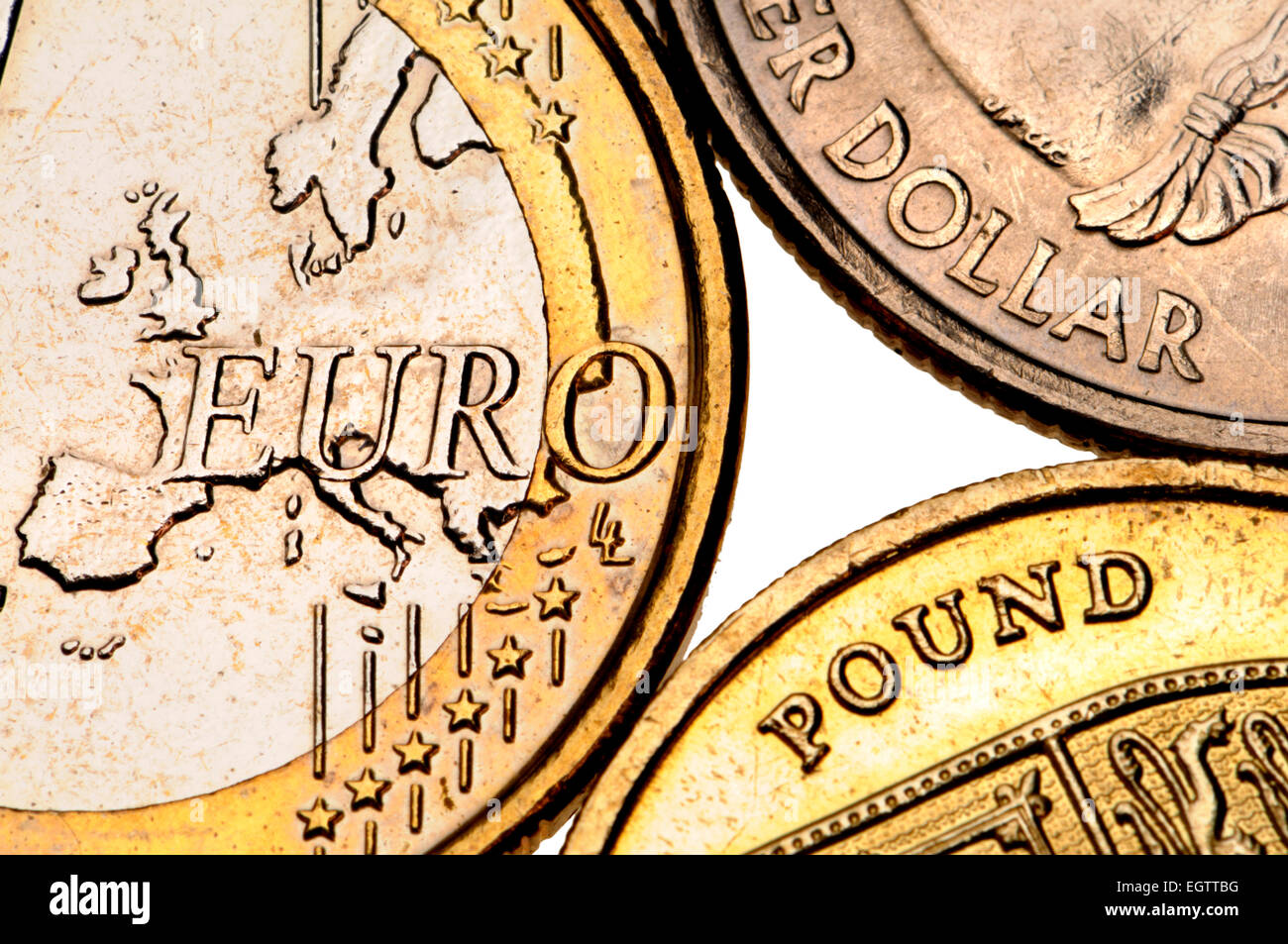 Euro, Sterlina e il quarto di dollaro delle monete in euro Foto Stock