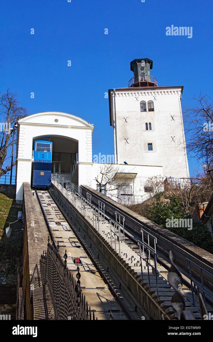 Storica funicolare e Kula Lotrscak in Zagabria è una delle molte attrazioni turistiche a Zagabria in Croazia Foto Stock