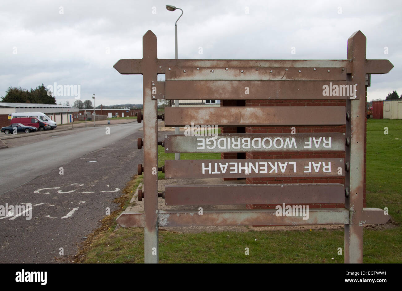 Un segno di rotazione da una fermata sulla RAF Bentwaters airfield. Foto Stock