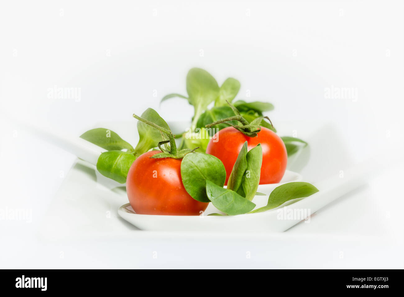Valerianella locusta, lattughella, pomodoro ciliegino, la valeriana su sfondo bianco Foto Stock