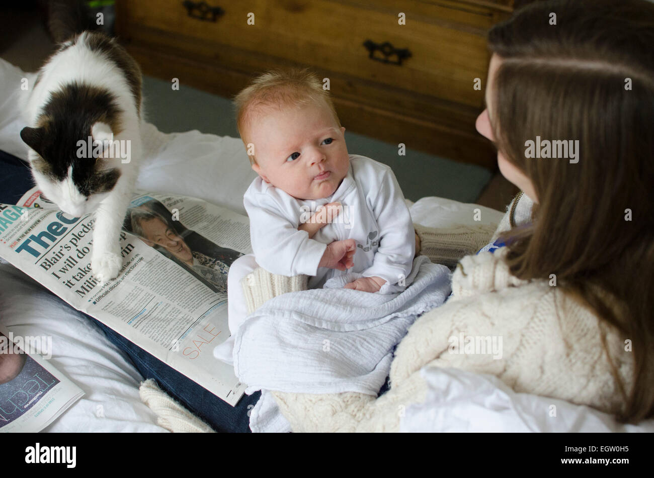 A sette settimane di baby boy godendo di domenica mattina con sua madre e cat. Foto Stock