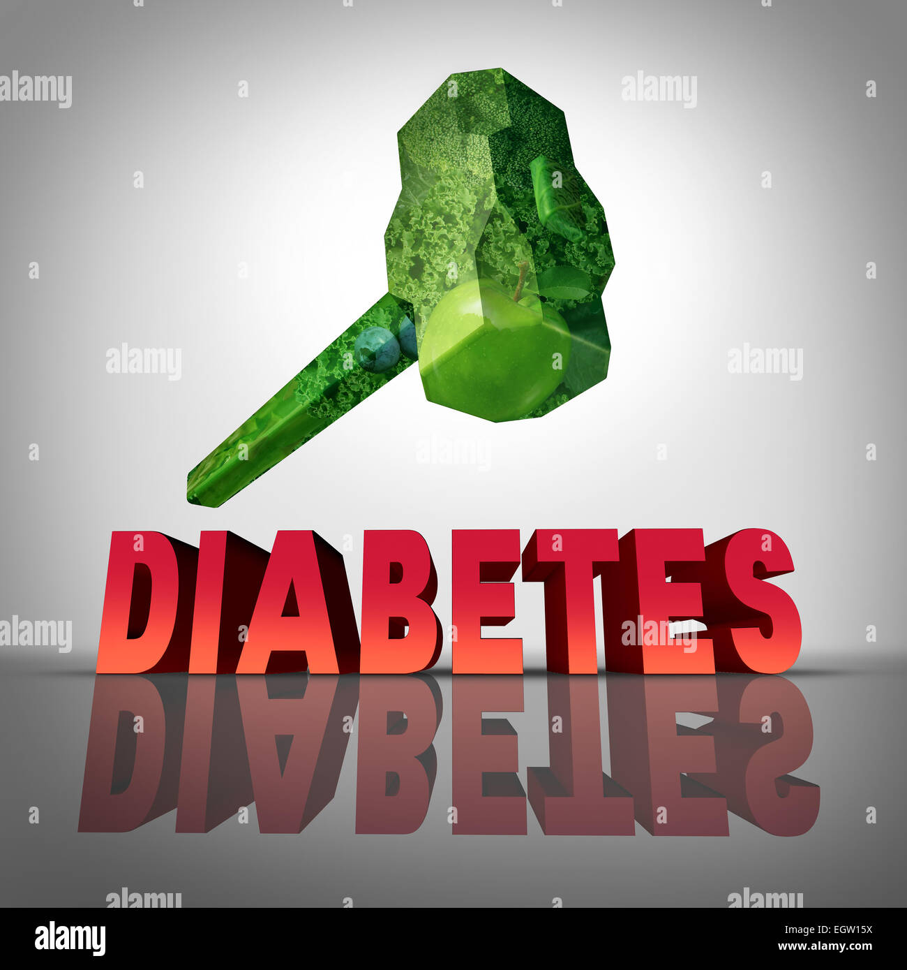 Battere il diabete trattamento naturale nozione come un martello fatta di sani frutti e verdure di distruggere la malattia diabetica come Foto Stock