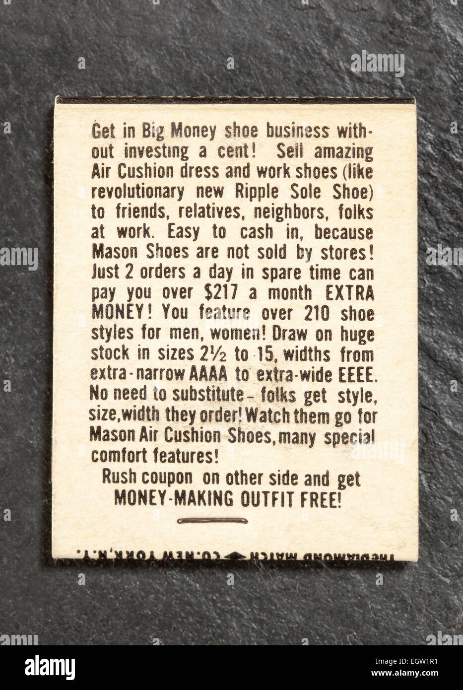 Vintage American Matchbook pubblicità opportunità di vendita con scarpe Mason Foto Stock