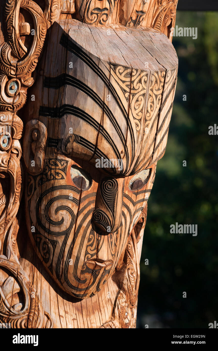 Scultura in legno Maori, Te Puia Marae, Whakarewarewa, Rotorua, Baia di Planty, Isola del nord, Nuova Zelanda. Foto Stock