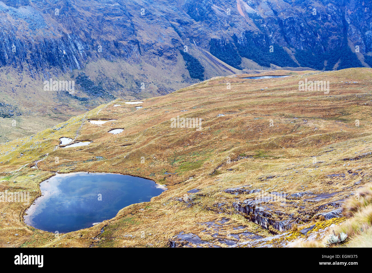 Vista di un lago nella Cordillera Blanca delle Ande nei pressi di Huaraz, Perù Foto Stock