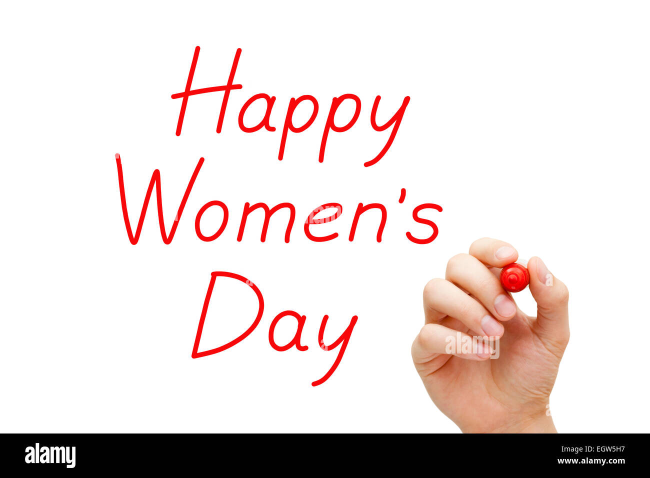 La scrittura a mano felice Womens giornata con contrassegno rosso sulla cancellazione trasparente stampato. Foto Stock