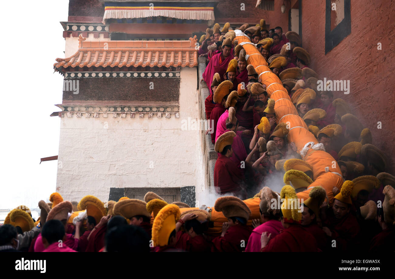 Xiahe, la Cina della provincia di Gansu. 3 Mar, 2015. I lama portano una gigantesca tangka Buddha (tibetano la pittura religiosa) su una collina per una visualizzazione annuale rituale presso il monastero di Labrang a Xiahe County, a nord-ovest della Cina di Provincia di Gansu, 3 marzo 2015. Il Buddha tangka display o "l'elefante di Buddha', è un Buddismo tibetano tradizionale pregando per un buon anno. © Peishen ventola/Xinhua/Alamy Live News Foto Stock