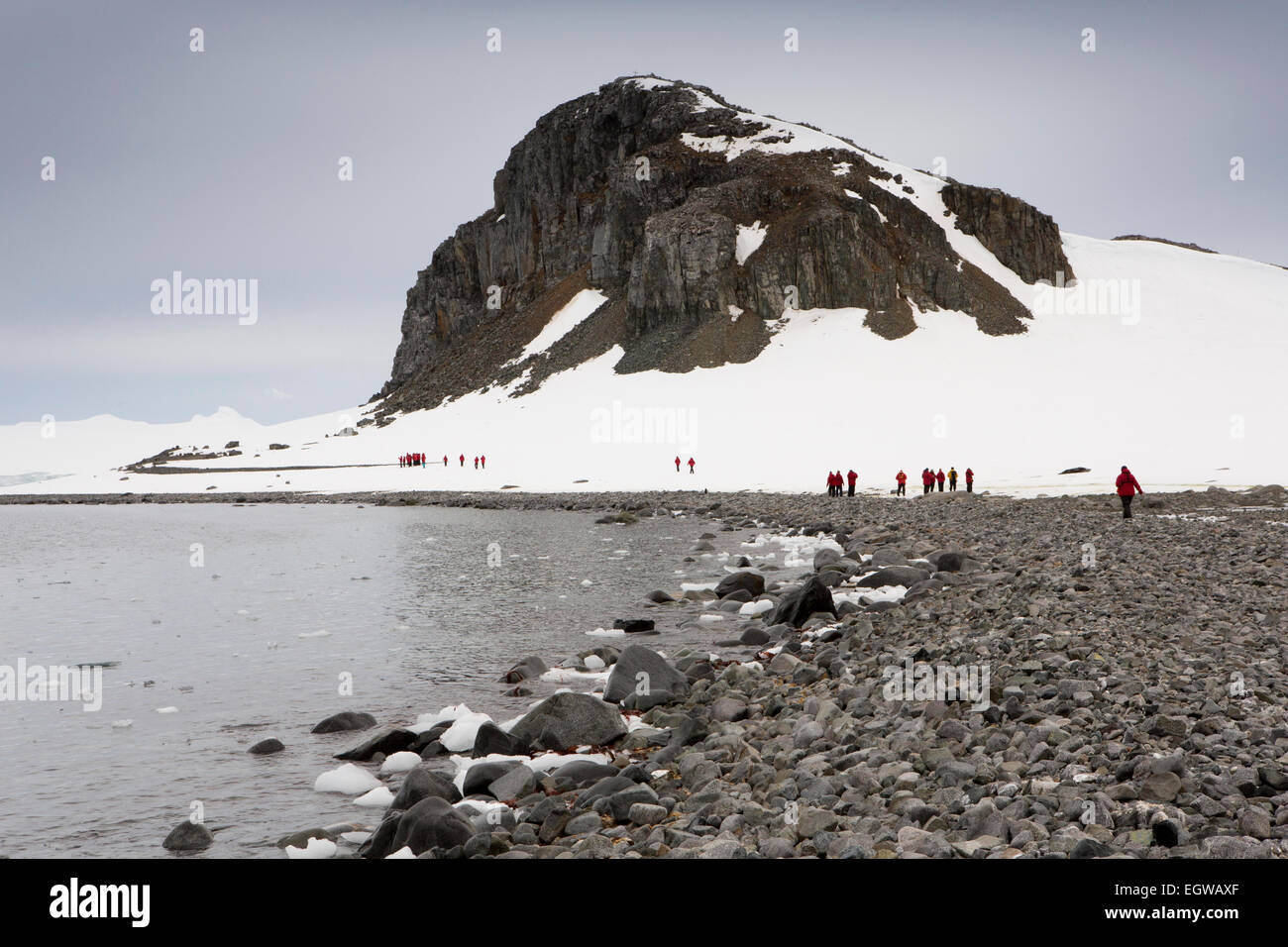 L'Antartide, Half Moon Island nave da crociera i passeggeri a piedi alla base della collina Moenita Foto Stock