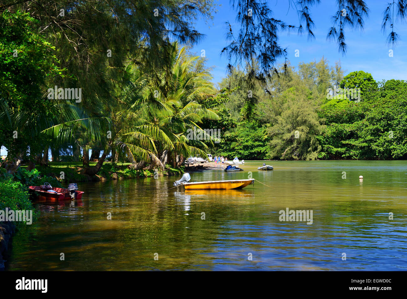 Barche ancorate in bocca del fiume Hanalei a Hanalei, Kauai, Hawaii, STATI UNITI D'AMERICA Foto Stock
