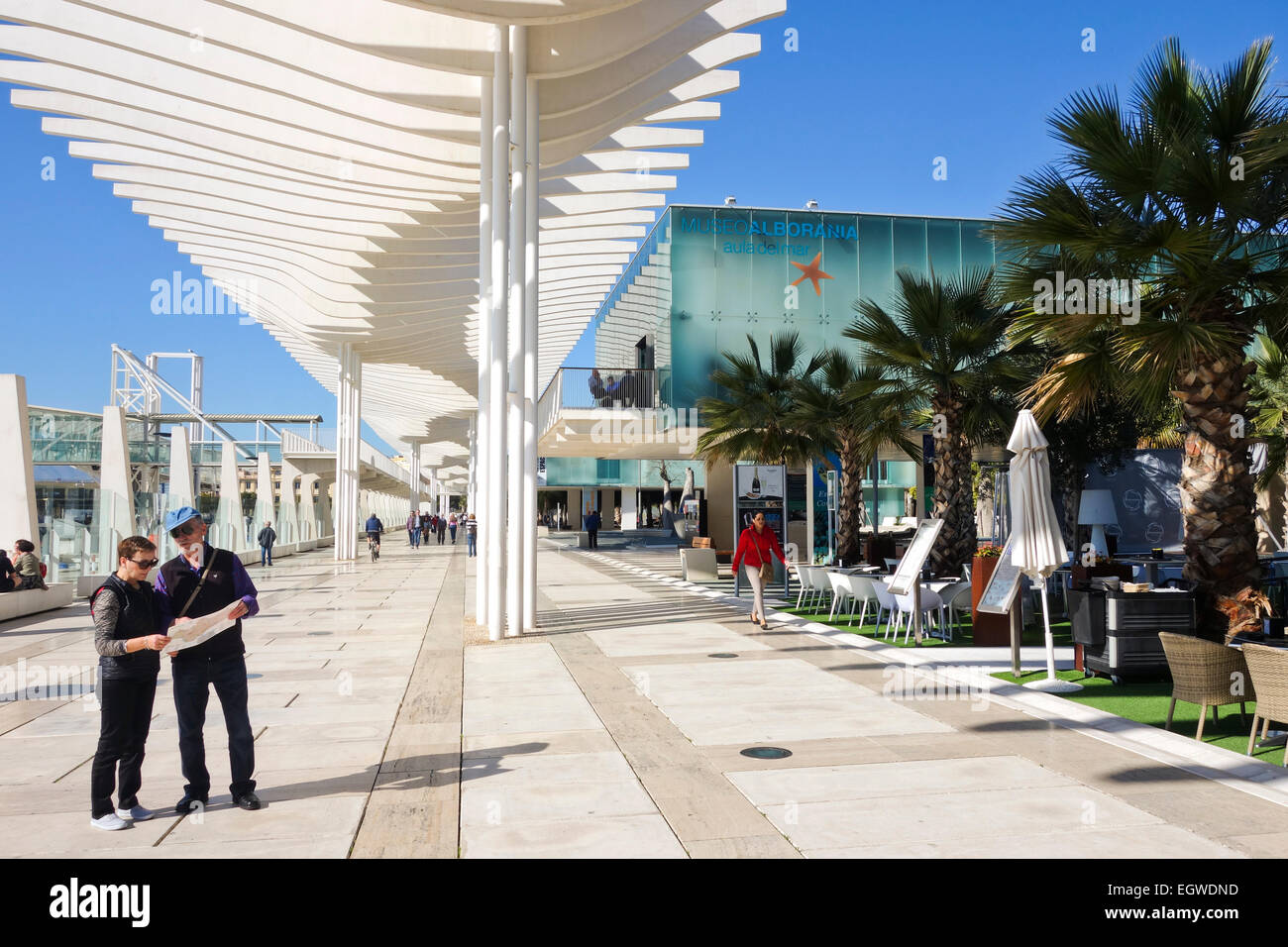 Alborania Aula del mar , il Museo Marittimo alla Marina e alla passeggiata lungomare nel porto di Malaga, Spagna. Foto Stock