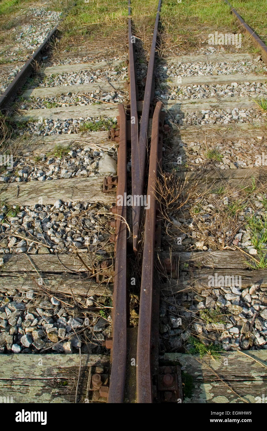 La separazione dei due vecchia linea ferroviaria alla stazione. Parte del crossover ferroviaria denominata "cuore" di crossover. Foto Stock