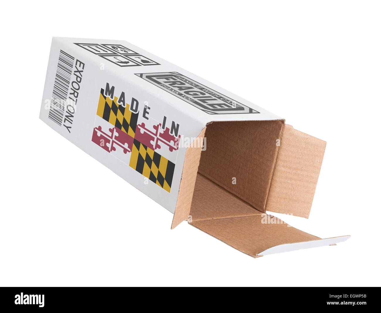Concetto di esportazione, aperto cassetta della carta - Prodotto di Maryland Foto Stock