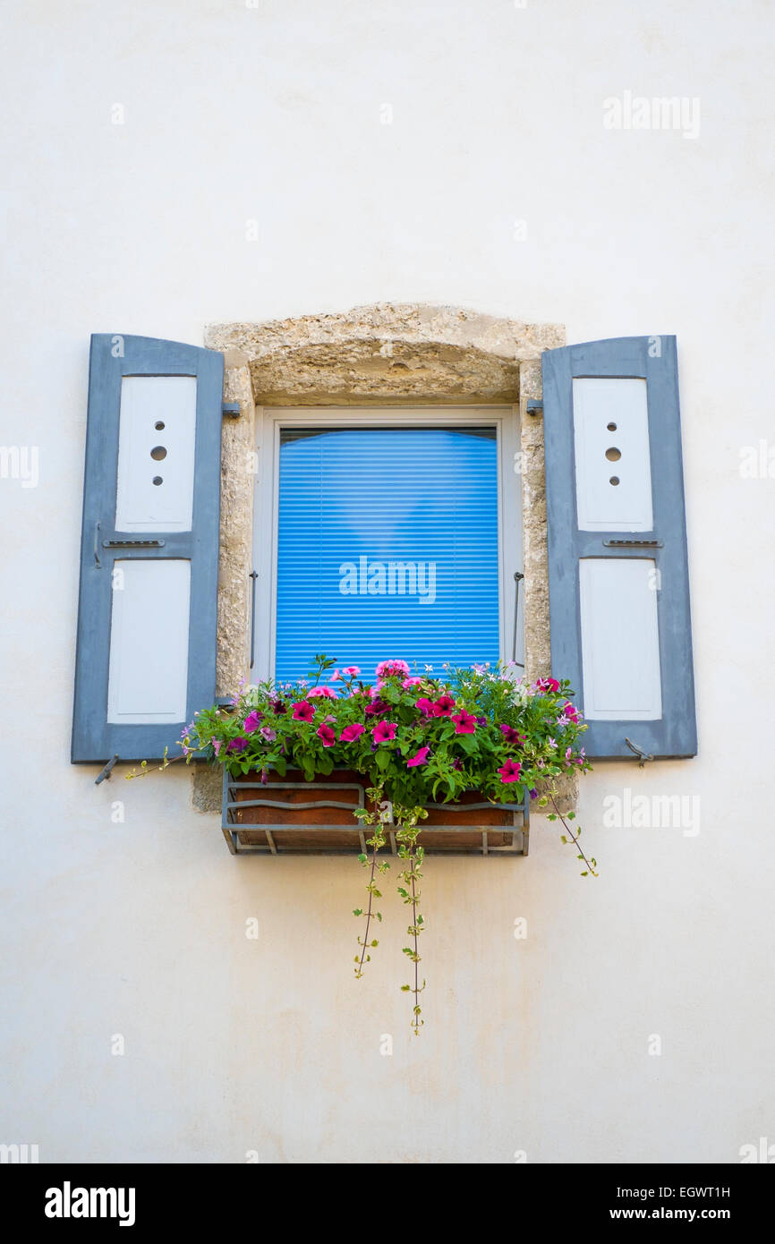 Finestra con persiane e fiori in una finestra casella in Francia, Europa Foto Stock