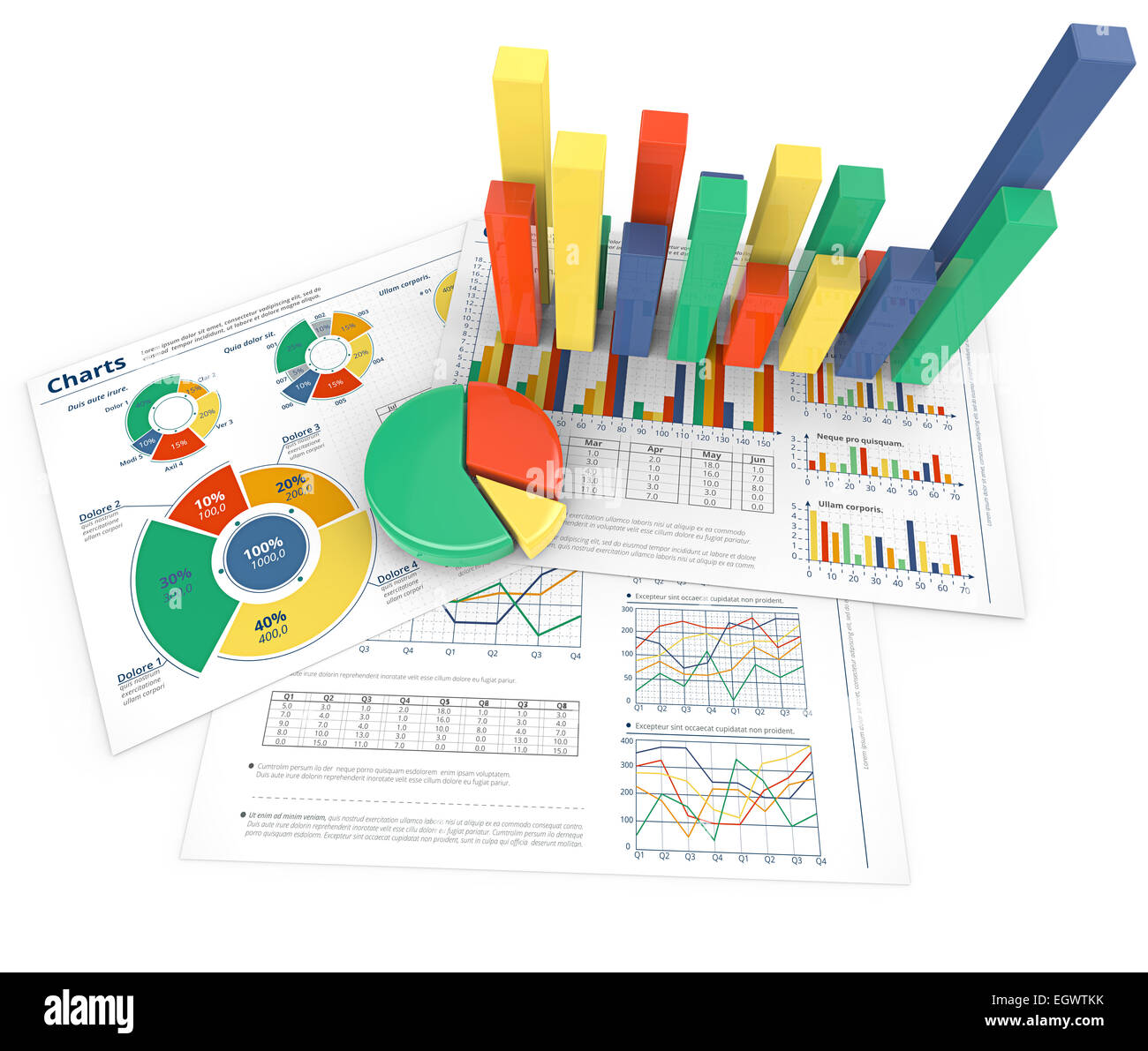 Analizzare. Colorato infographics documenti con 3D grafici e diagrammi. Foto Stock
