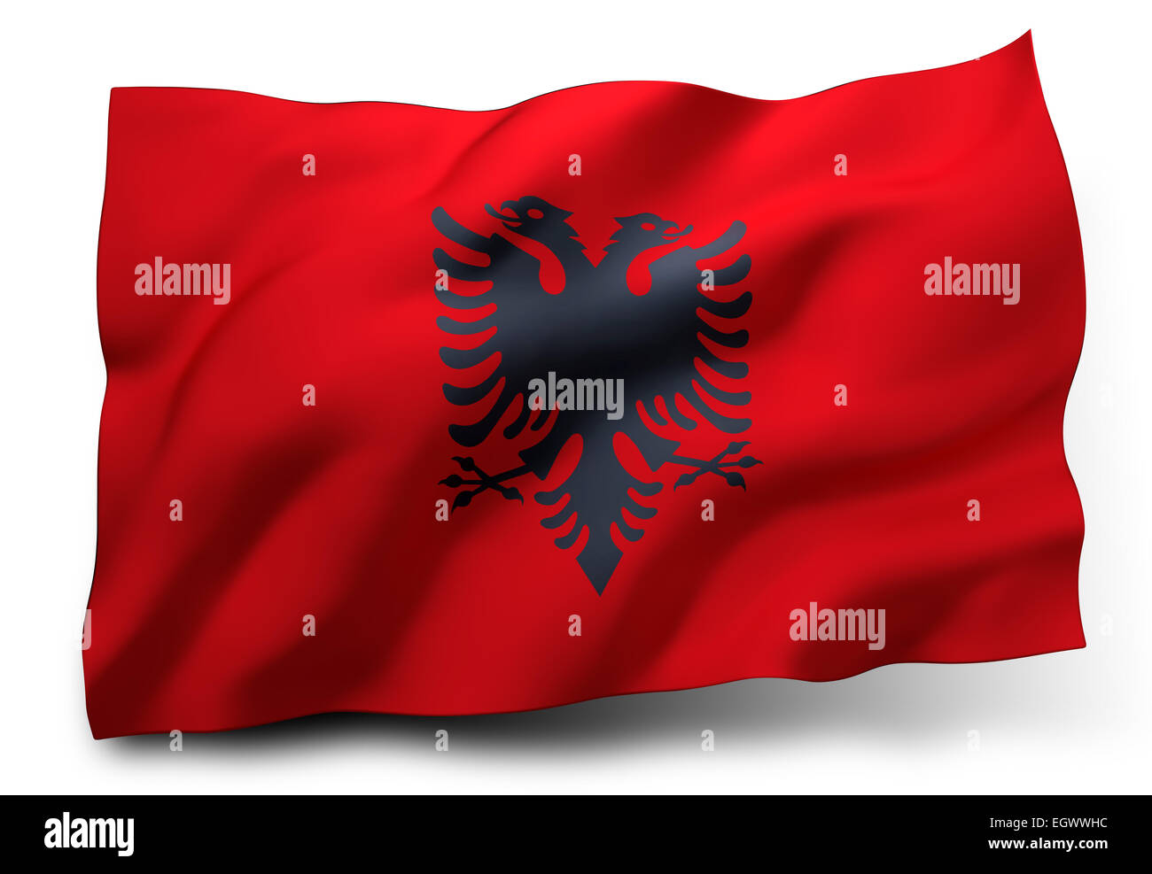 Sventola bandiera di Albania isolati su sfondo bianco Foto Stock