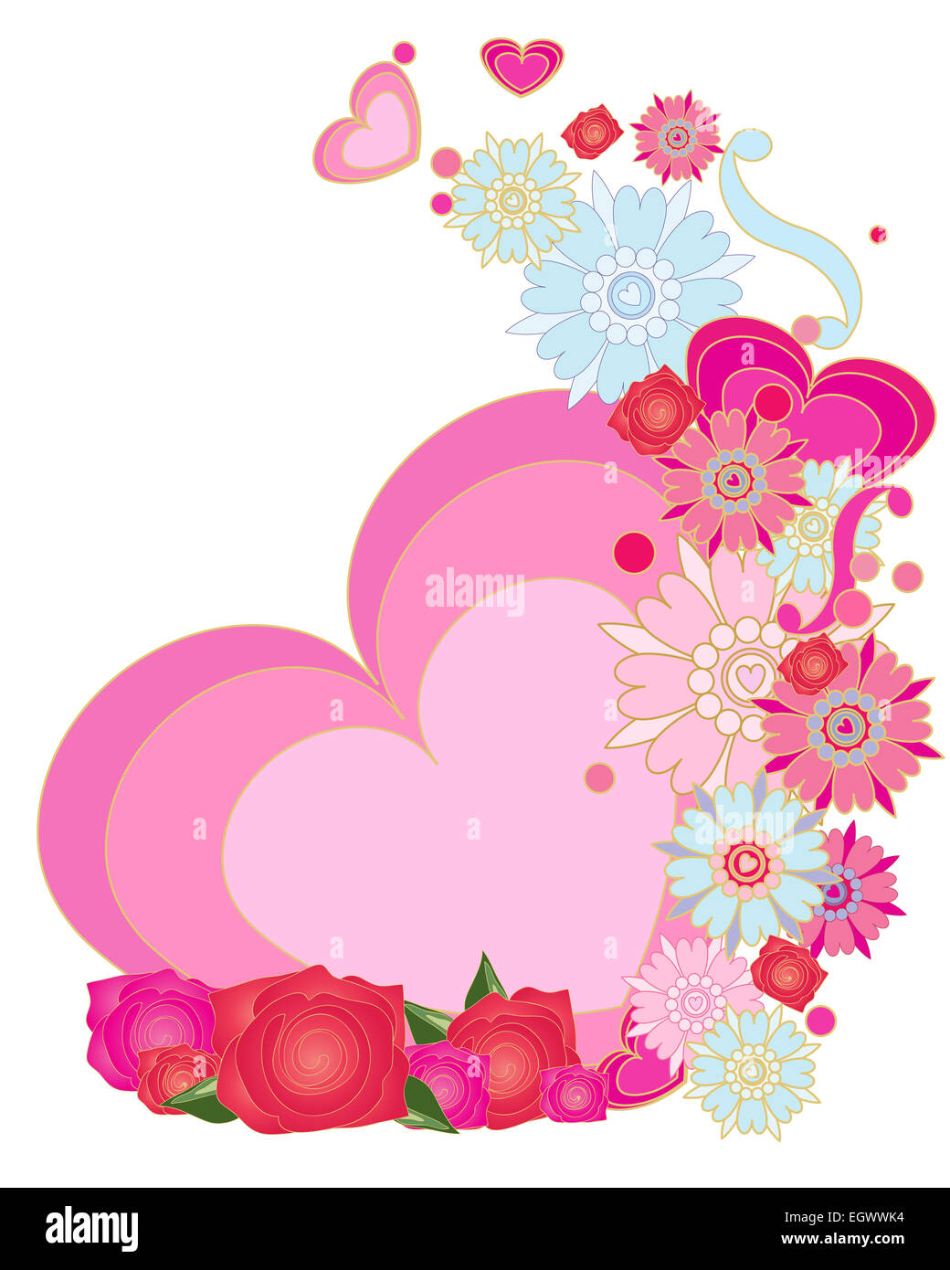 Una illustrazione di un romantico biglietto di auguri design con cuori di rose e fiori astratti su sfondo bianco Foto Stock