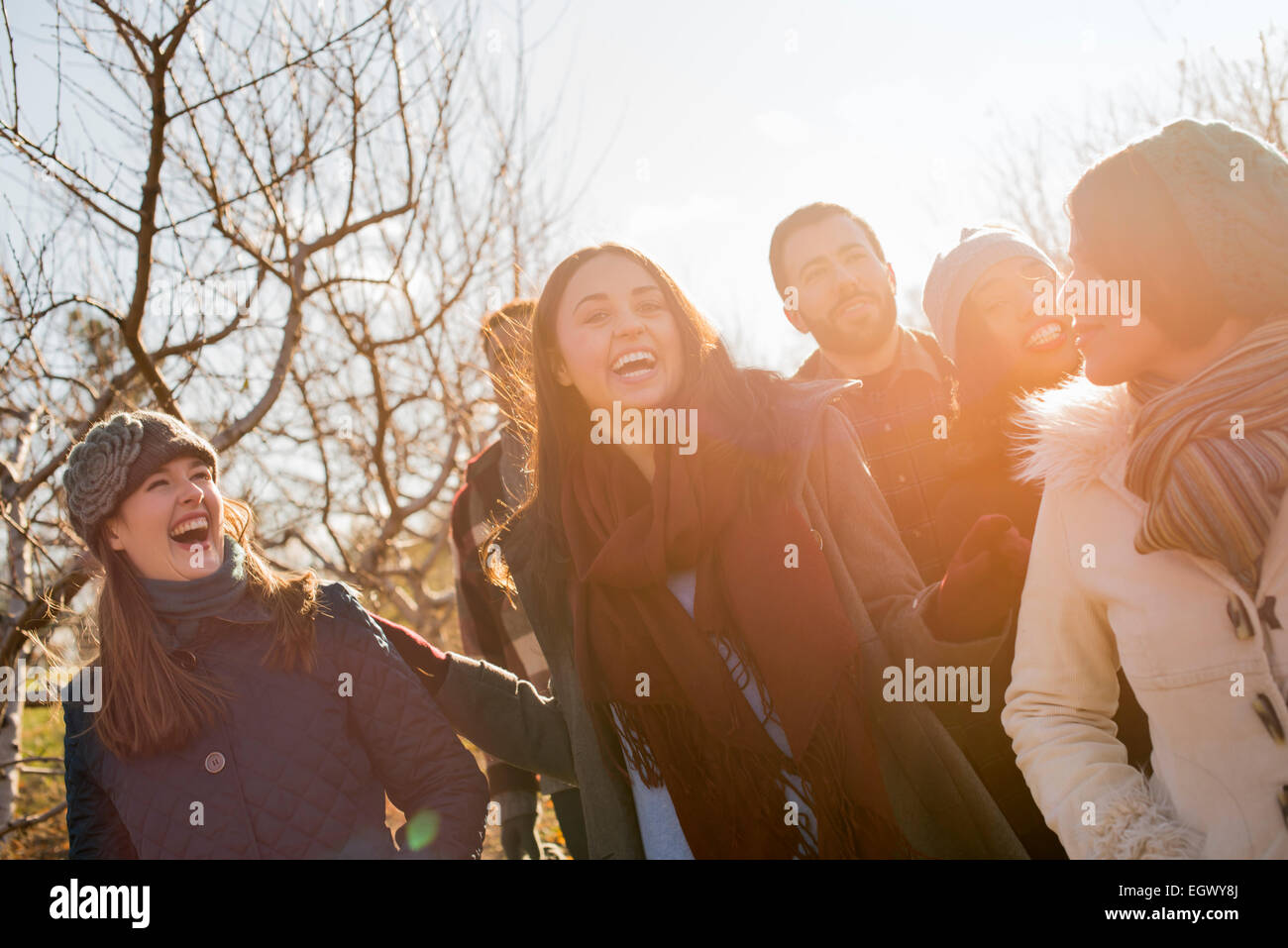 Un gruppo di amici per una passeggiata invernale. Foto Stock
