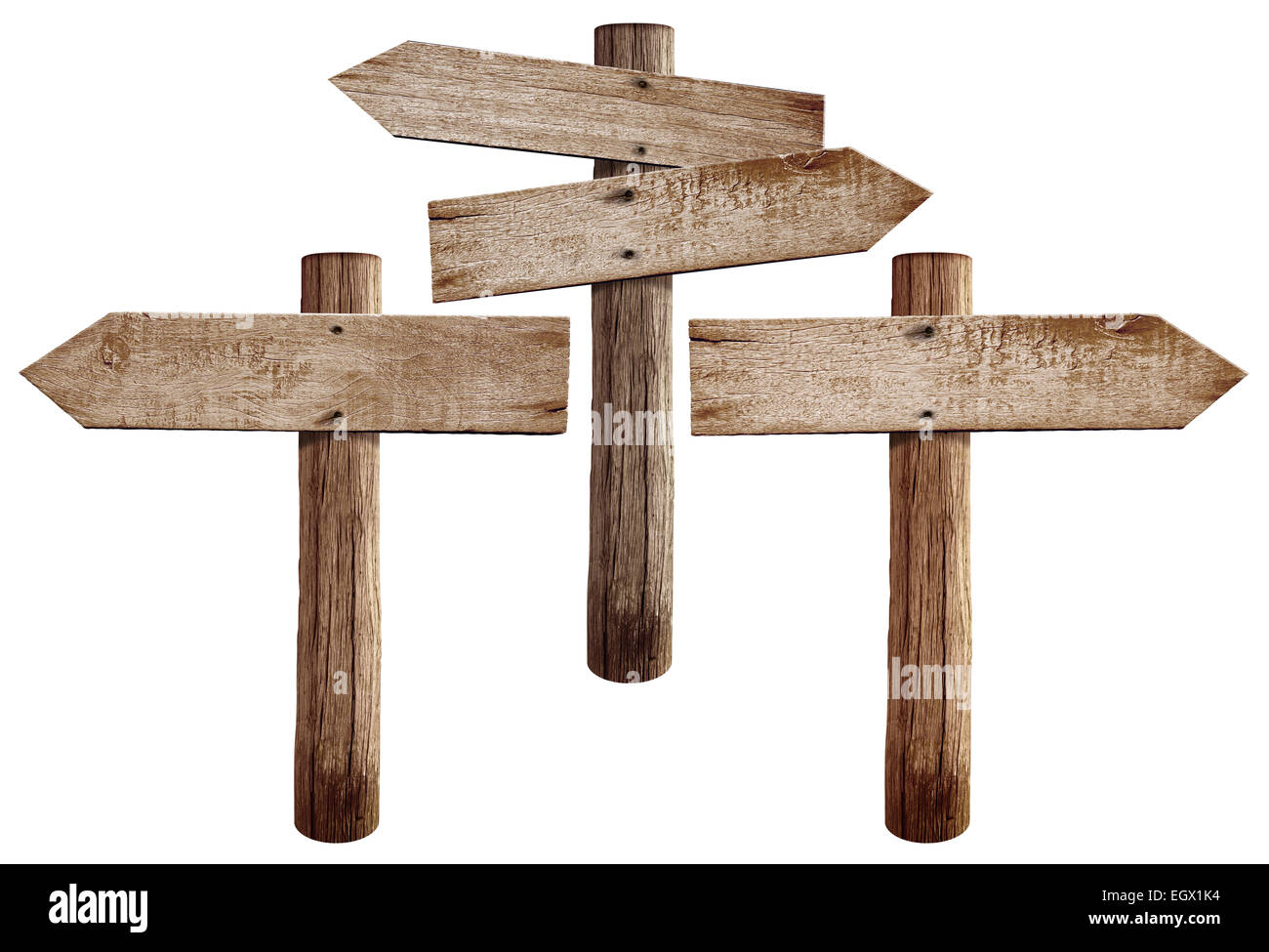 Vecchia strada di legno segni a destra, a sinistra e di entrambe le frecce isolato Foto Stock