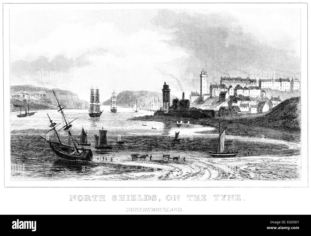 Una incisione di North Shields sul Tyne, Northumberland scansionati ad alta risoluzione da un libro stampato intorno al 1850. Foto Stock
