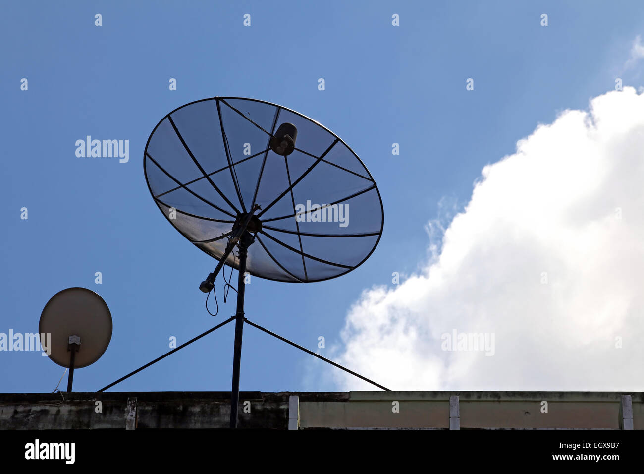 Grande e piccola parabola satellitare sulla costruzione Foto stock - Alamy