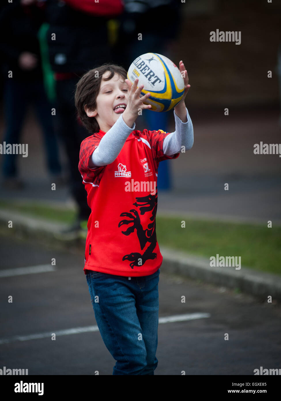 Pix of Welsh sostenitori a Londra il gallese v London Irish Aviva Premiership partita di rugby su St Davids Day (1 marzo 2015) Foto Stock