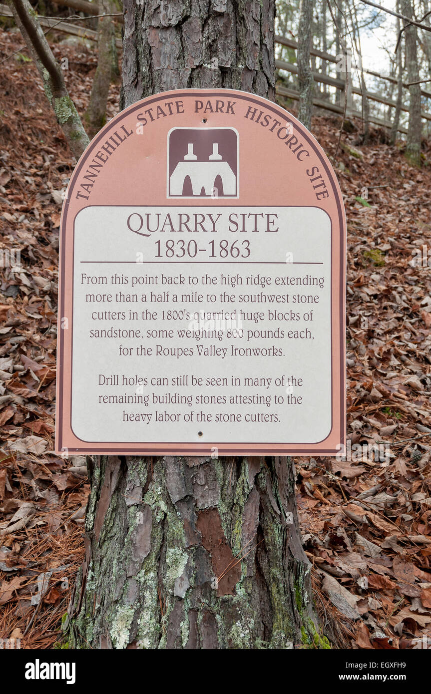 Il segno che designa il sito di cava in Tannehill storico stato parco vicino McCalla, Alabama, Stati Uniti d'America. Foto Stock