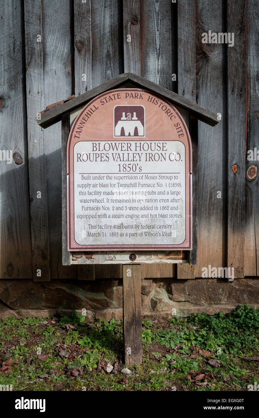 Il segno che designa la casa del ventilatore in Tannehill storico stato parco vicino McCalla, Alabama. Foto Stock