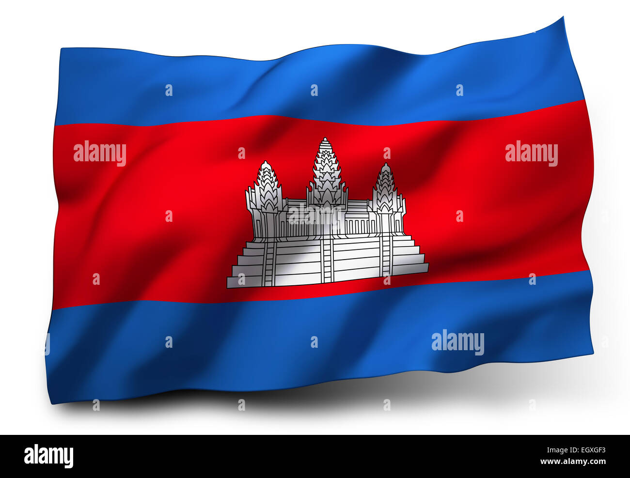 Sventola bandiera della Cambogia isolati su sfondo bianco Foto Stock