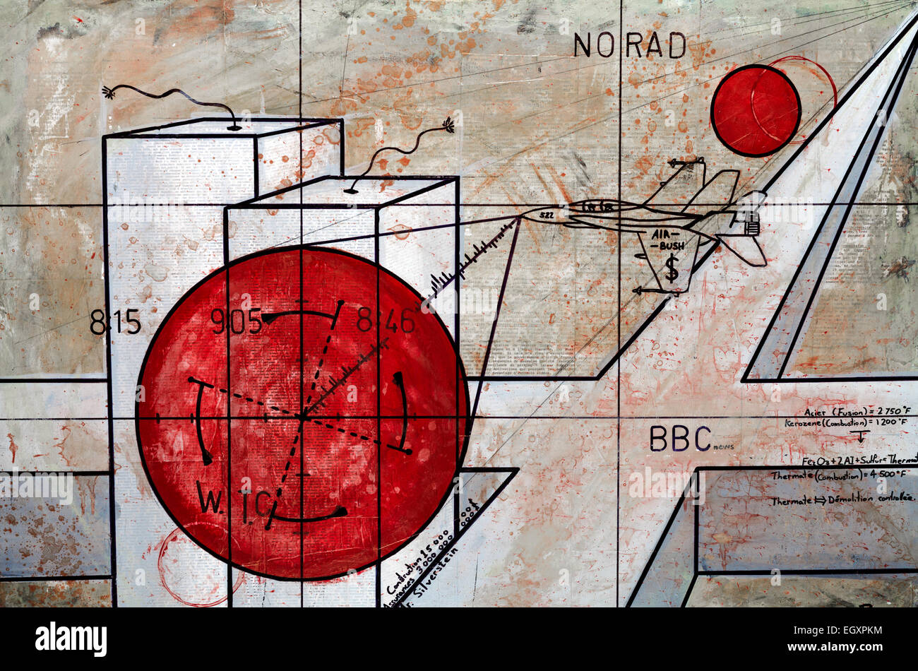 Vera e propria pittura contemporanea su tela circa la teoria del complotto del 911 Torri Gemelle tentativo. Foto Stock