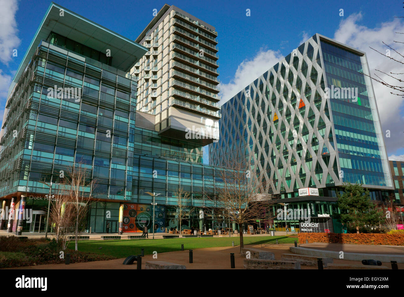 MediaCityUK a Salford Quays, Greater Manchester, Inghilterra, Regno Unito. La casa di parti del British Broadcasting Corporation, BBC e ITV Foto Stock